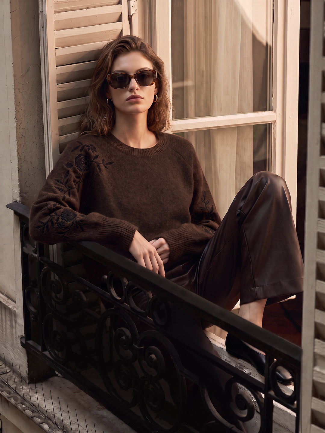Brown Embroidered Pullover