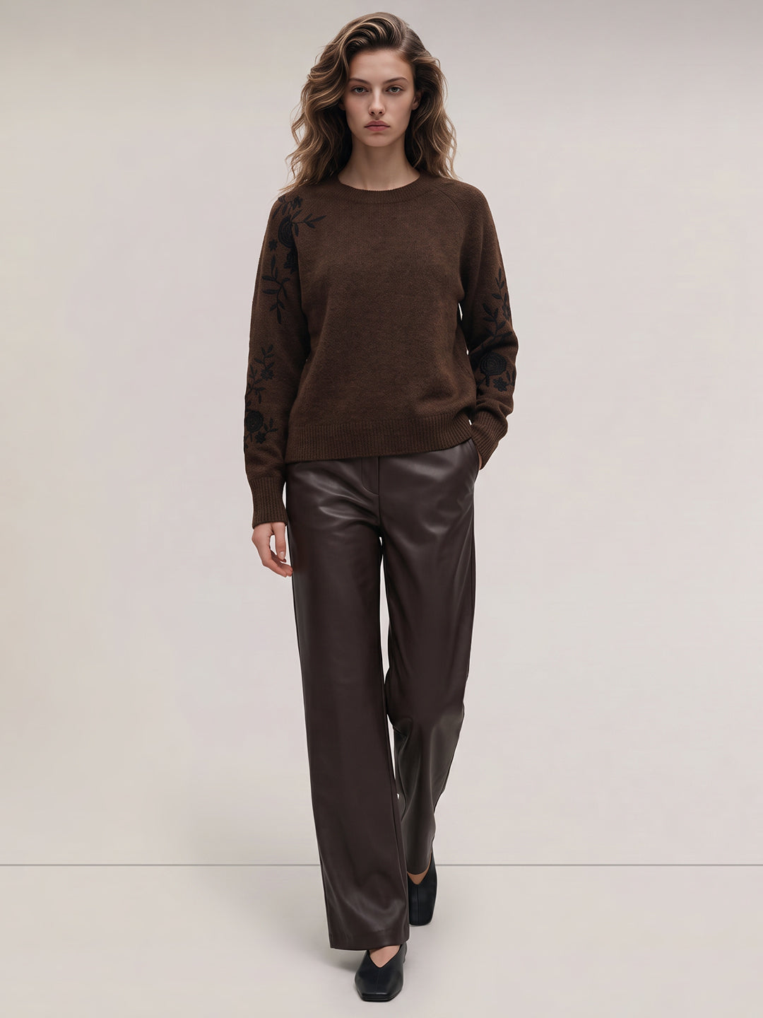 Brown Embroidered Pullover