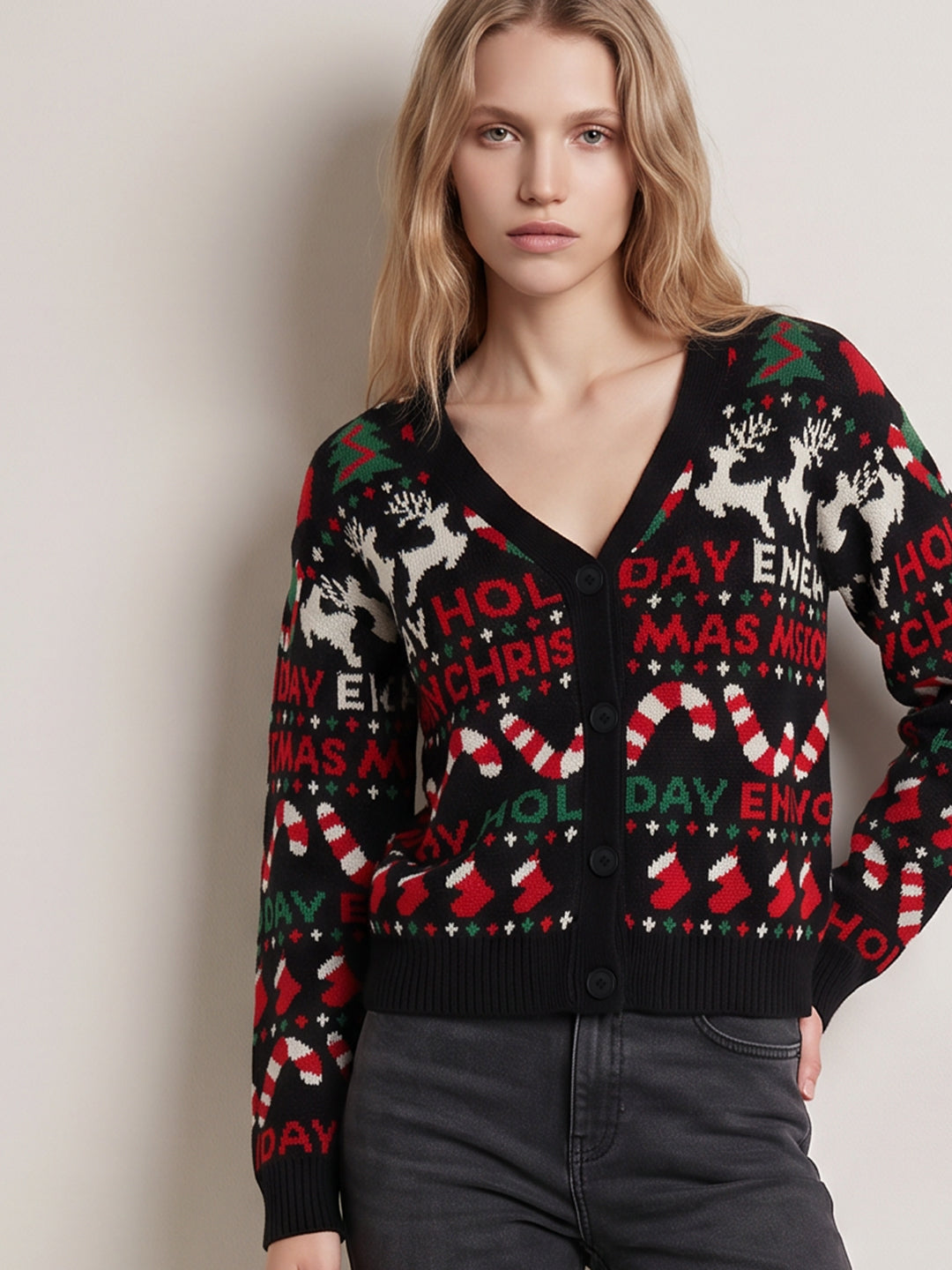 Black Printed V-Neck Cardigan