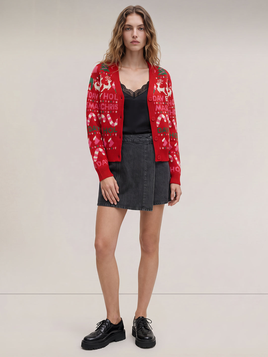 Red Printed V-Neck Cardigan