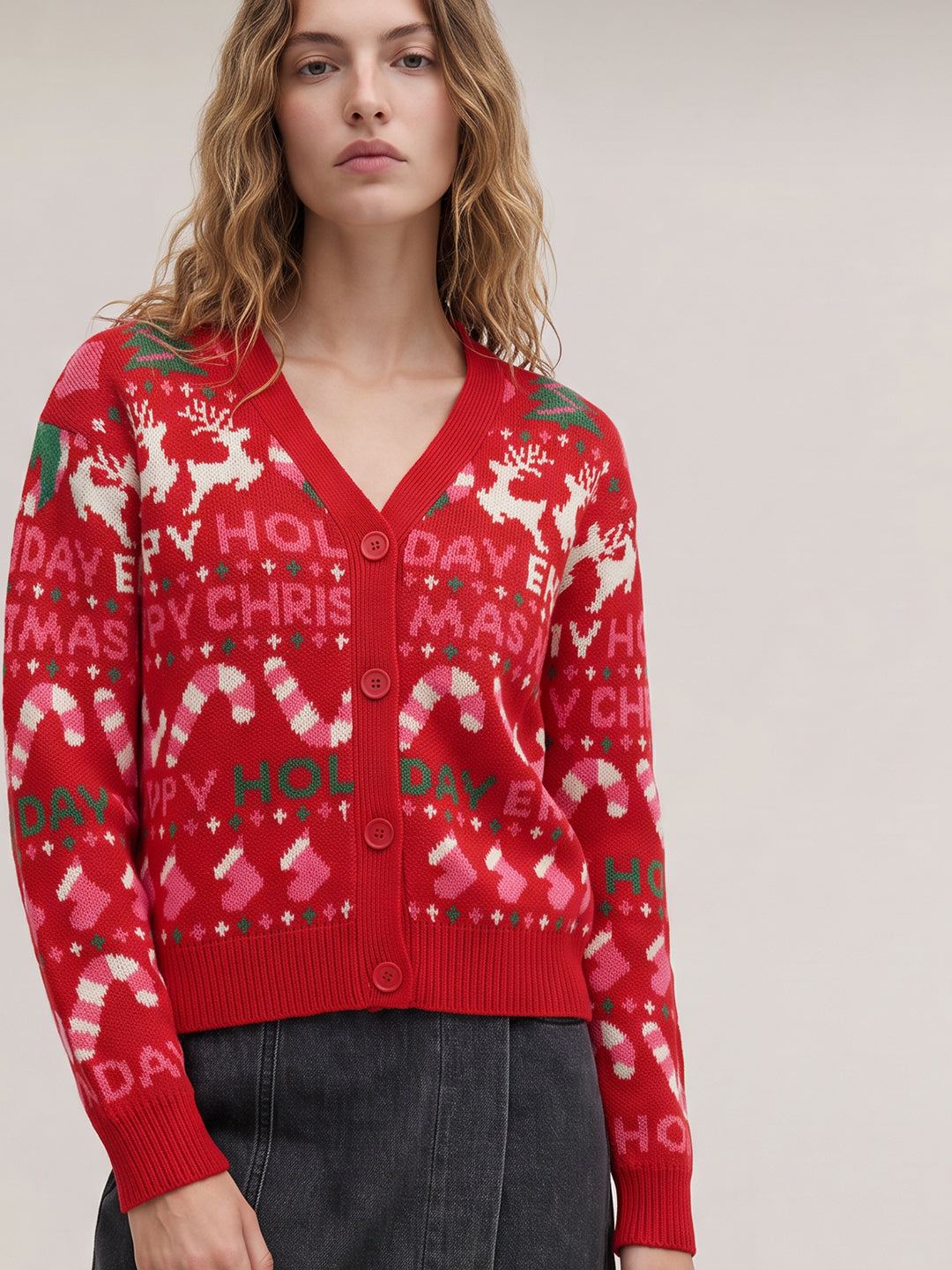 Red Printed V-Neck Cardigan