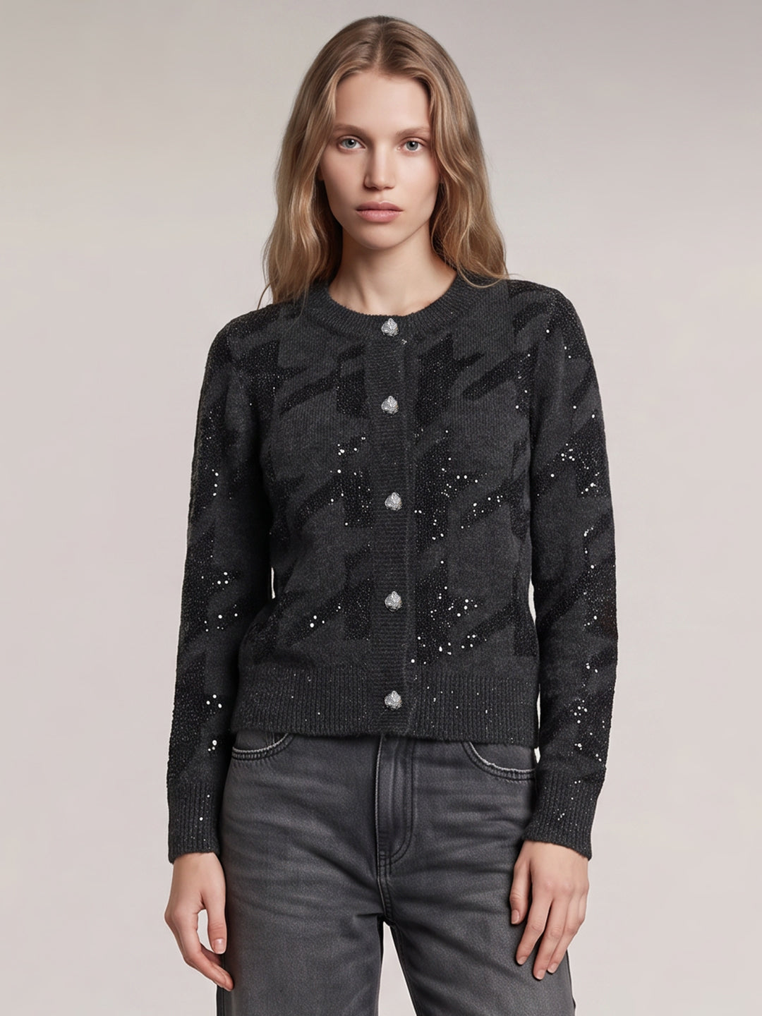 Grey Printed Round-Neck Cardigan