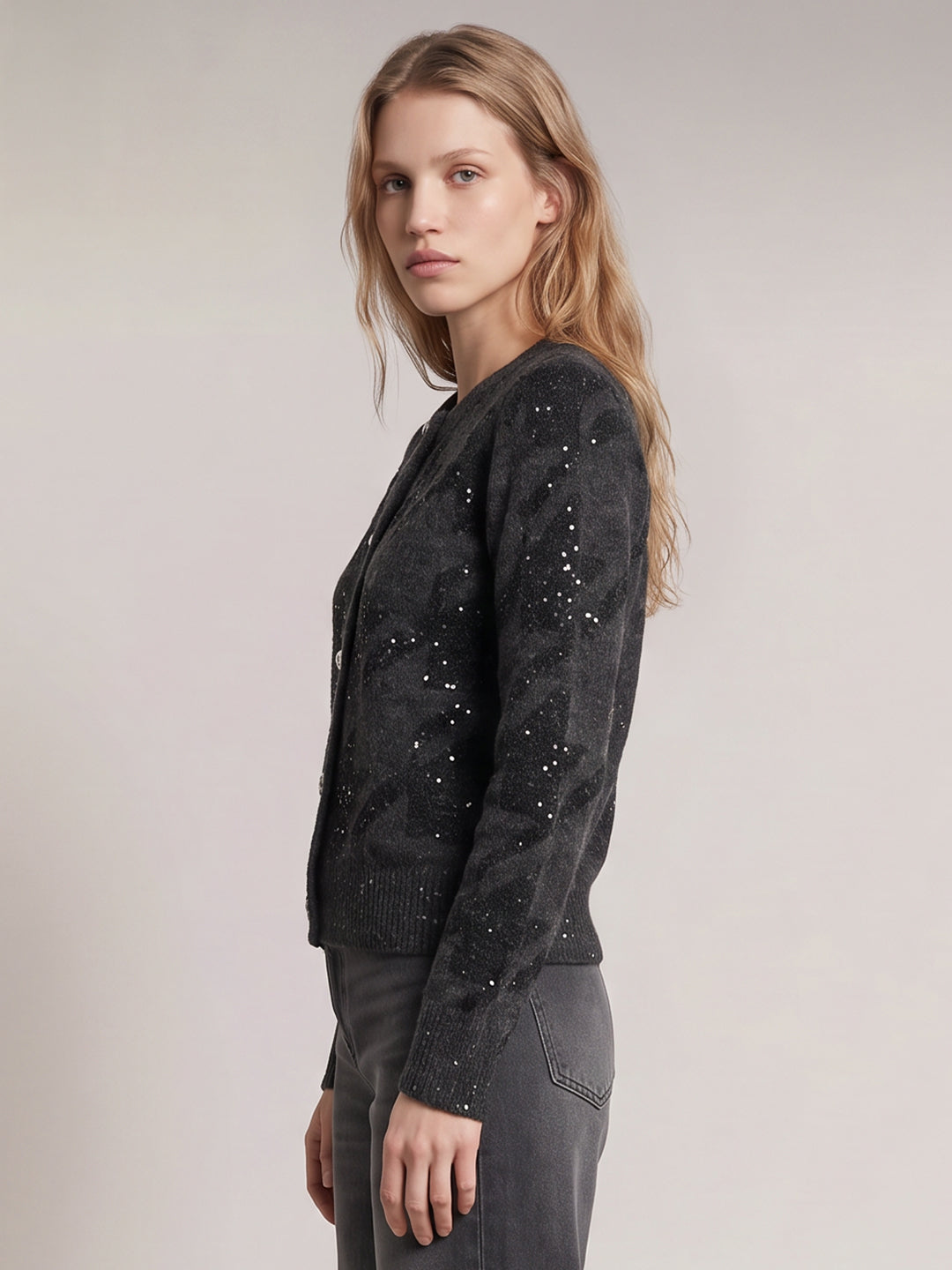 Grey Printed Round-Neck Cardigan