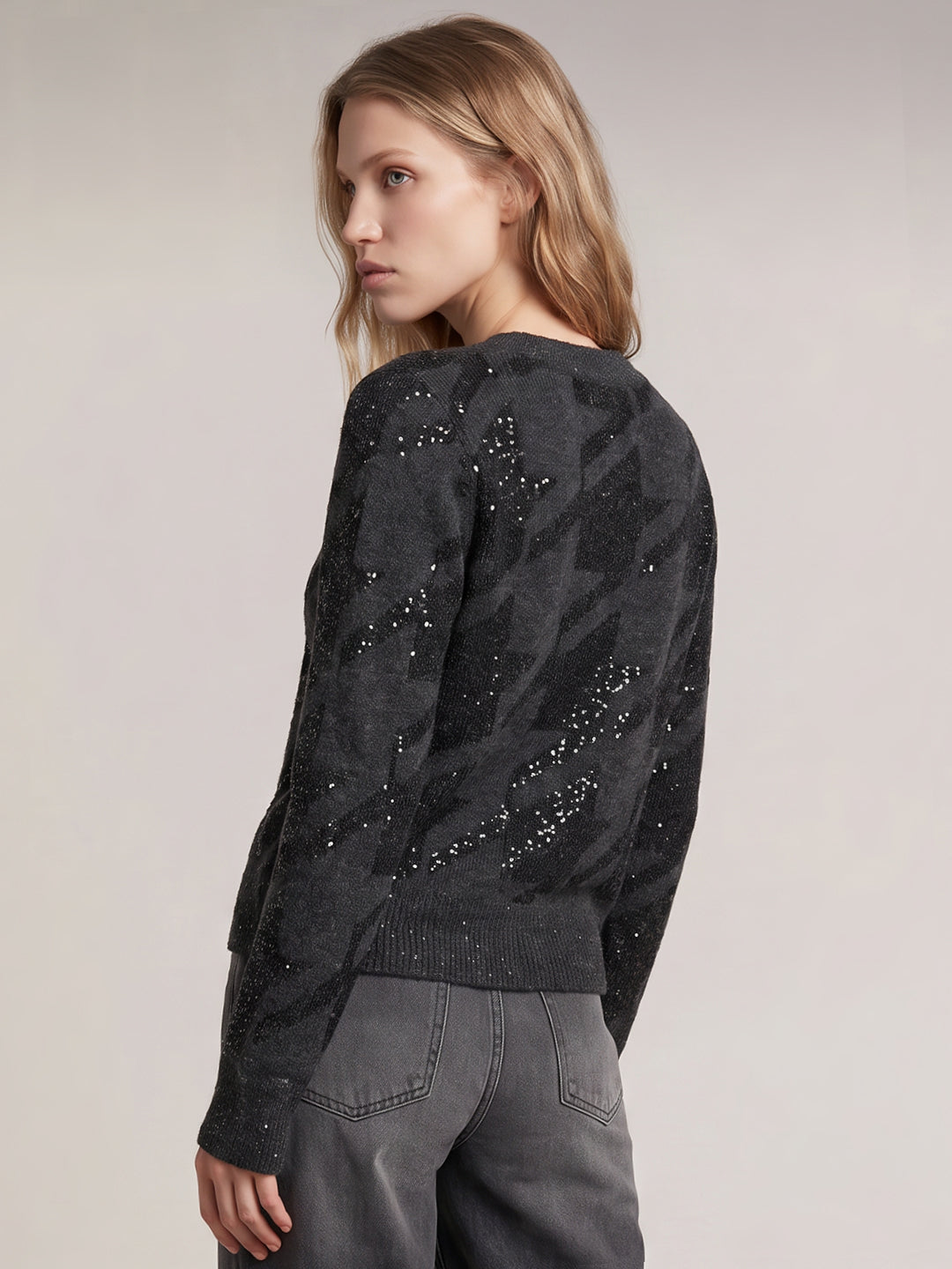 Grey Printed Round-Neck Cardigan