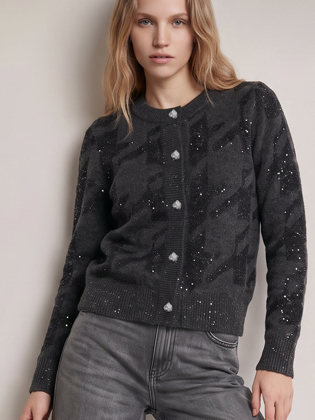 Grey Printed Round-Neck Cardigan
