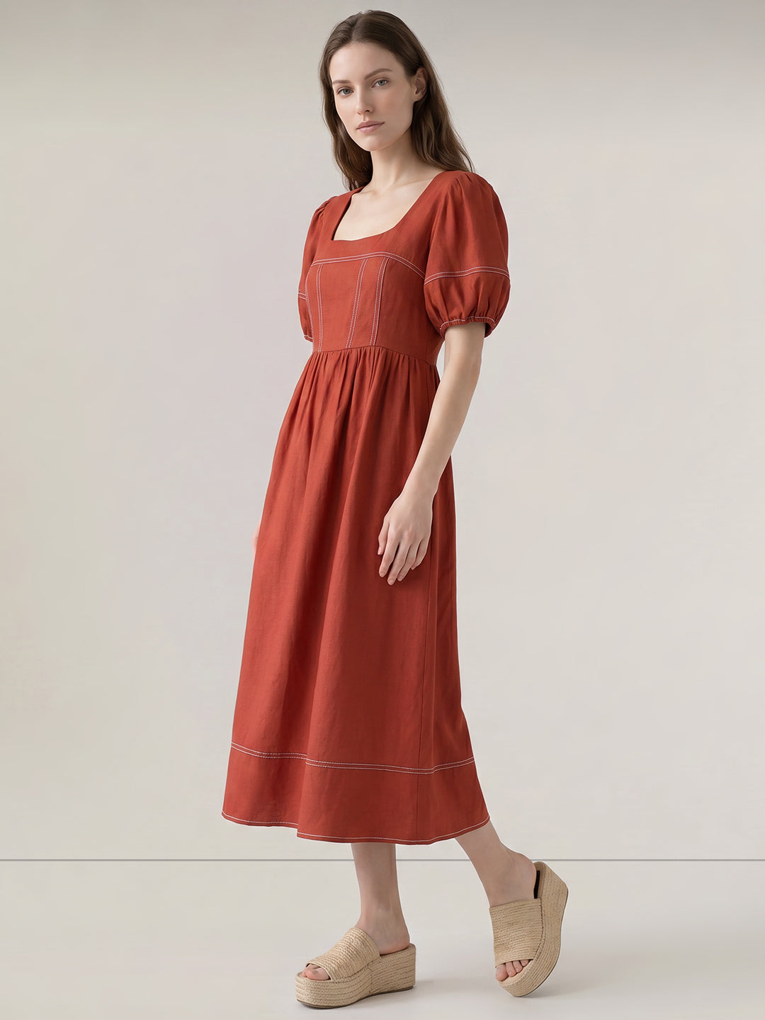 Rust Contrast Stitch Midi Dress
