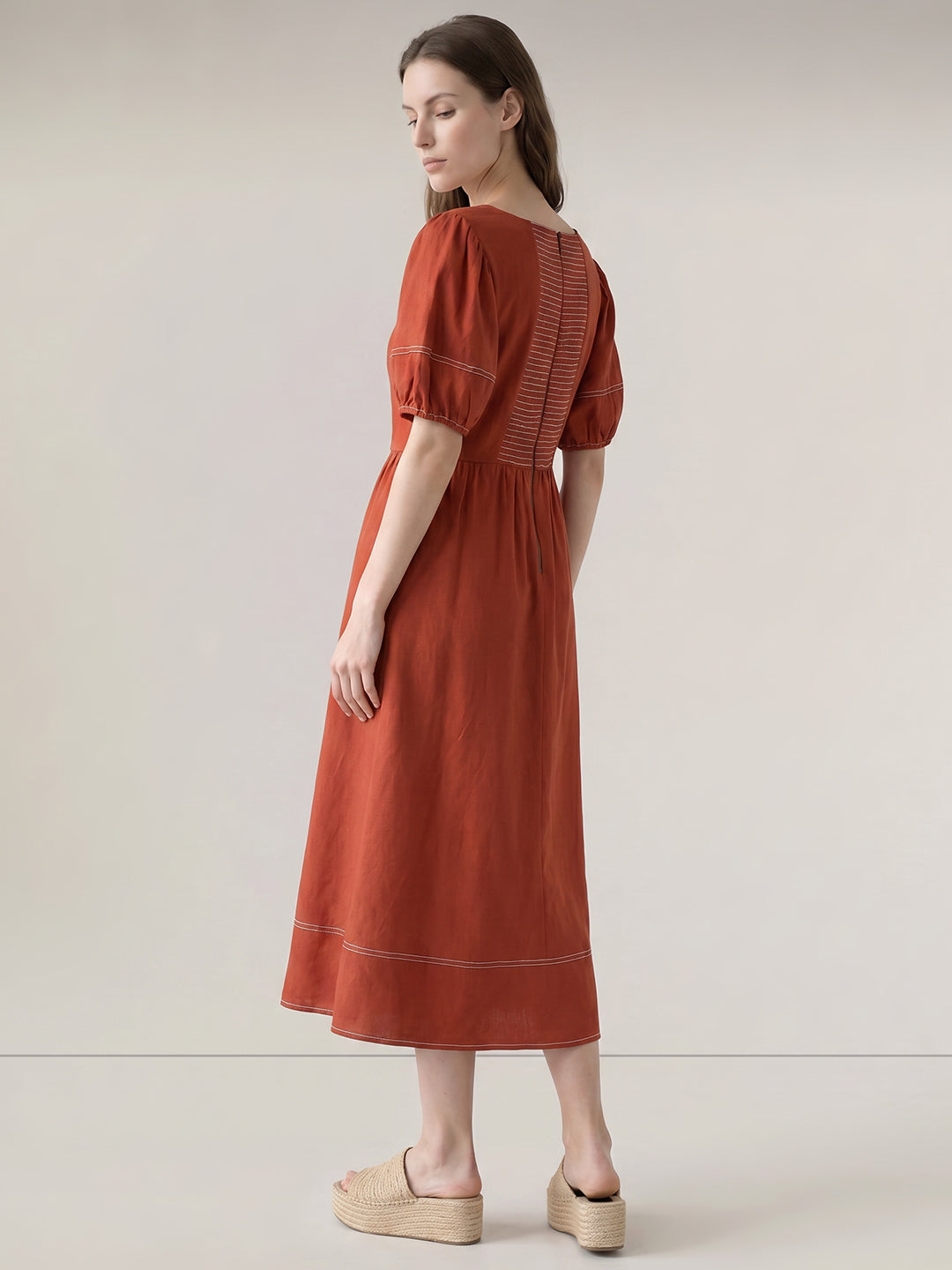 Rust Contrast Stitch Midi Dress