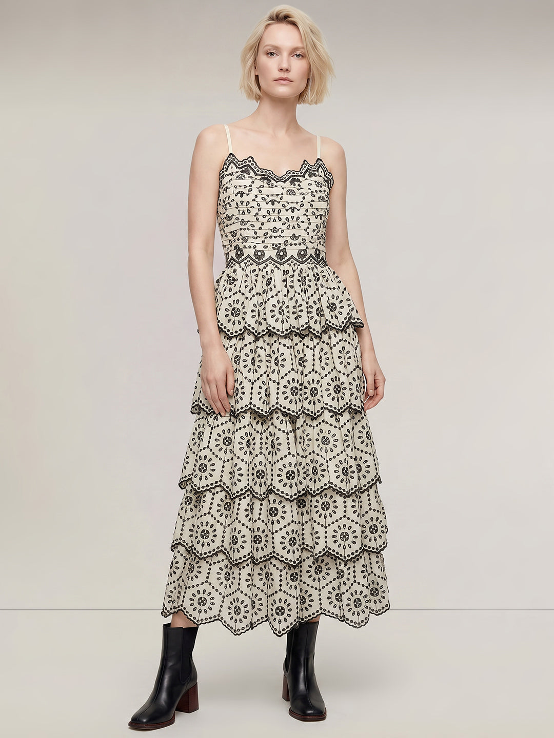 White Contrast Embroidered Dress