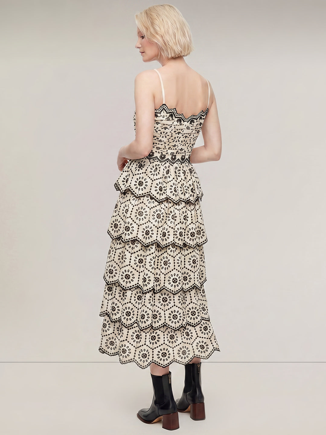 White Contrast Embroidered Dress