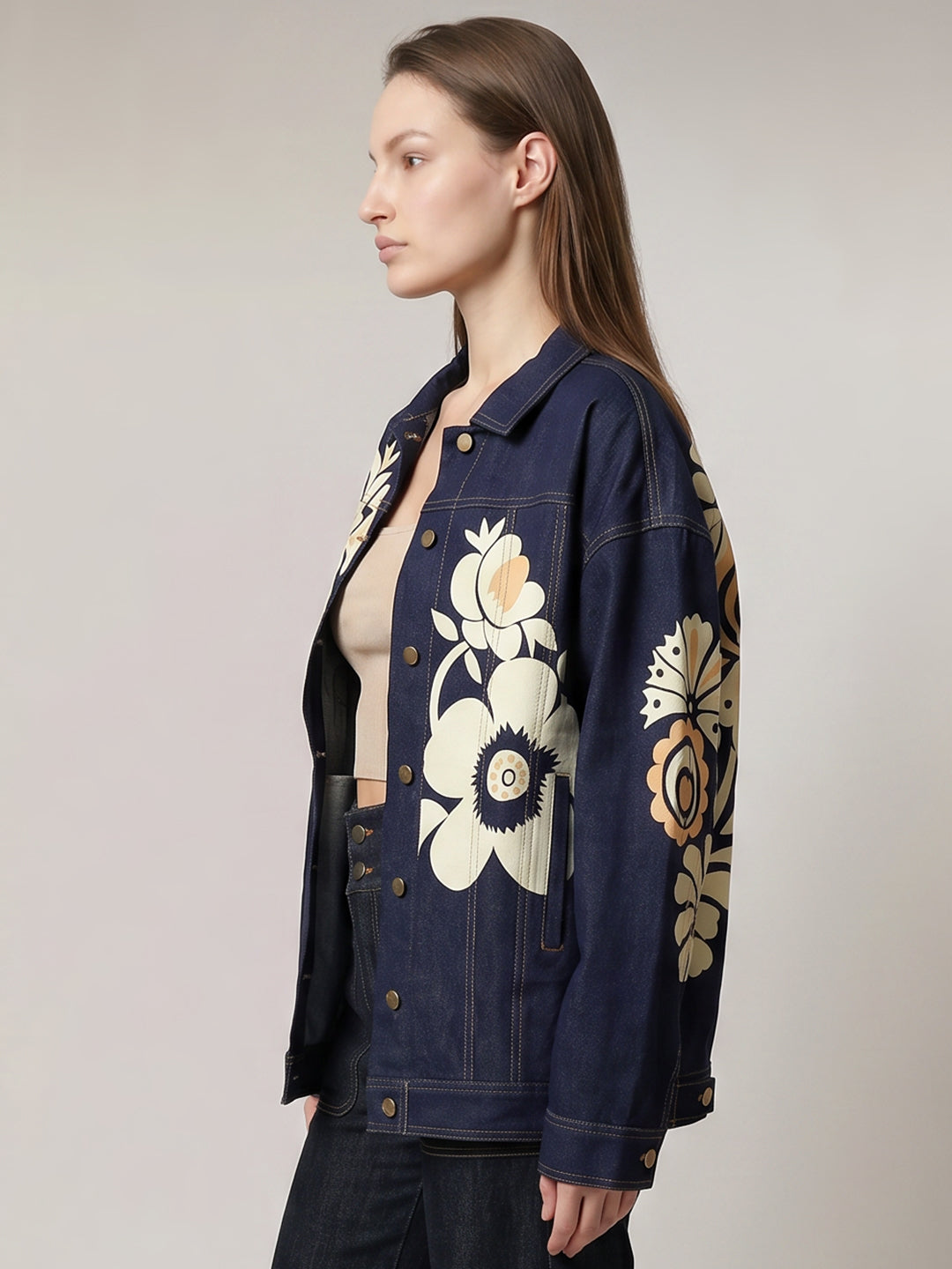 Dark Blue Floral Denim Jacket