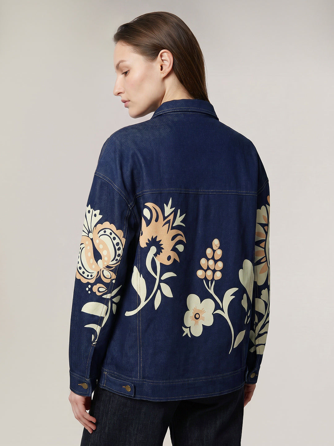 Dark Blue Floral Denim Jacket
