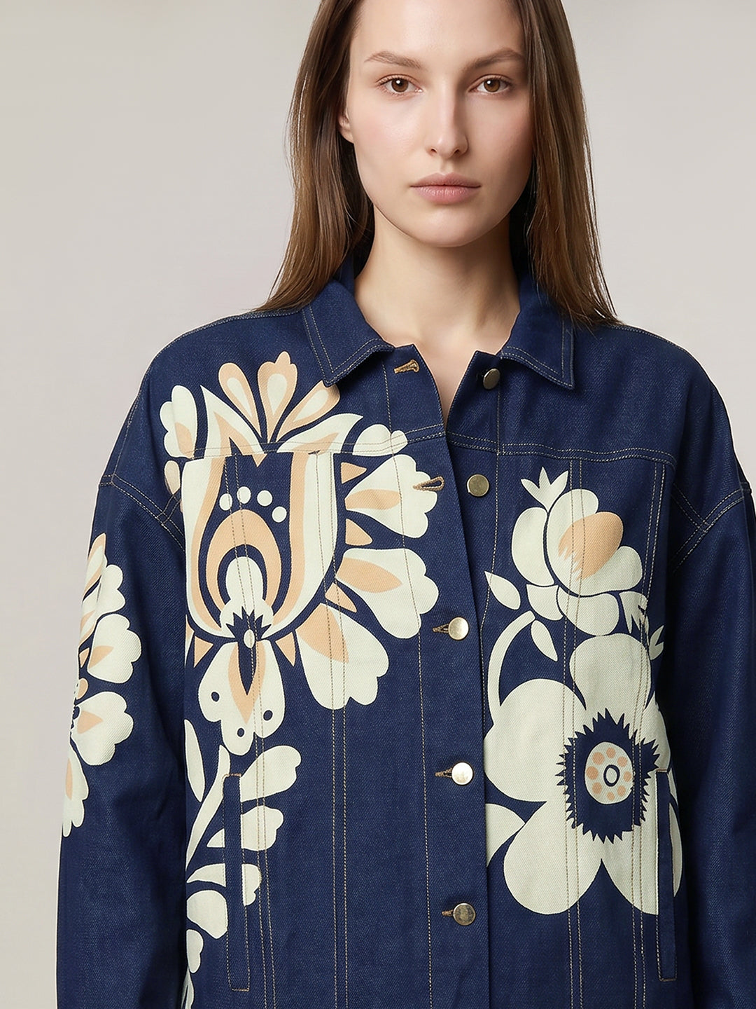 Dark Blue Floral Denim Jacket
