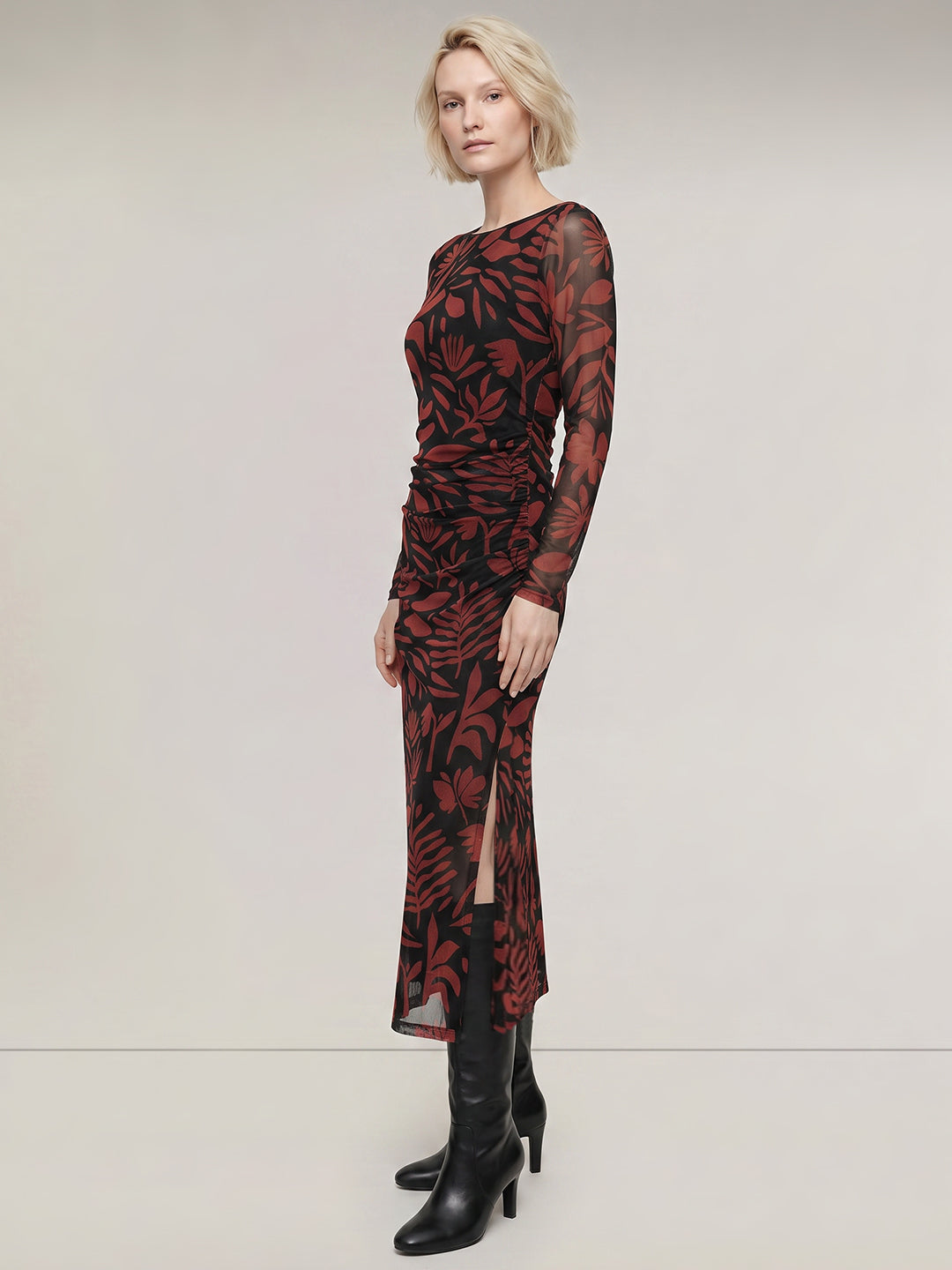Black Mesh Printed Midaxi Dress