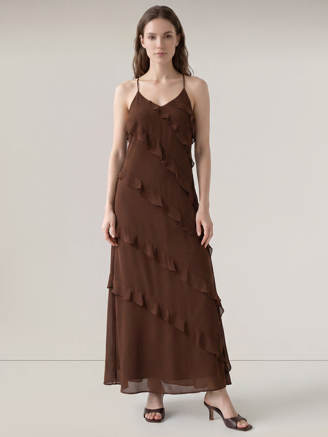 Dark Brown Strappy Halter Neck Dress