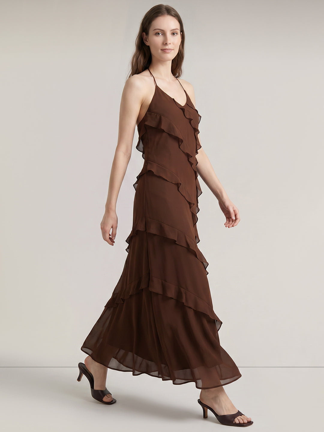 Dark Brown Strappy Halter Neck Dress