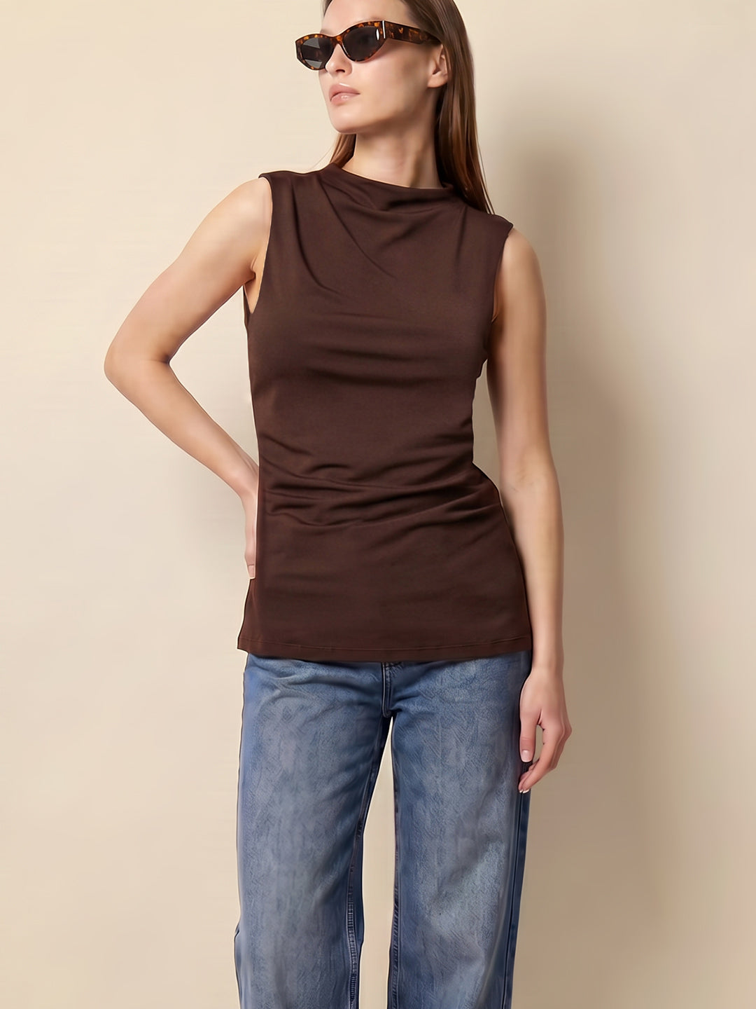 Brown Sleeveless Draped Top