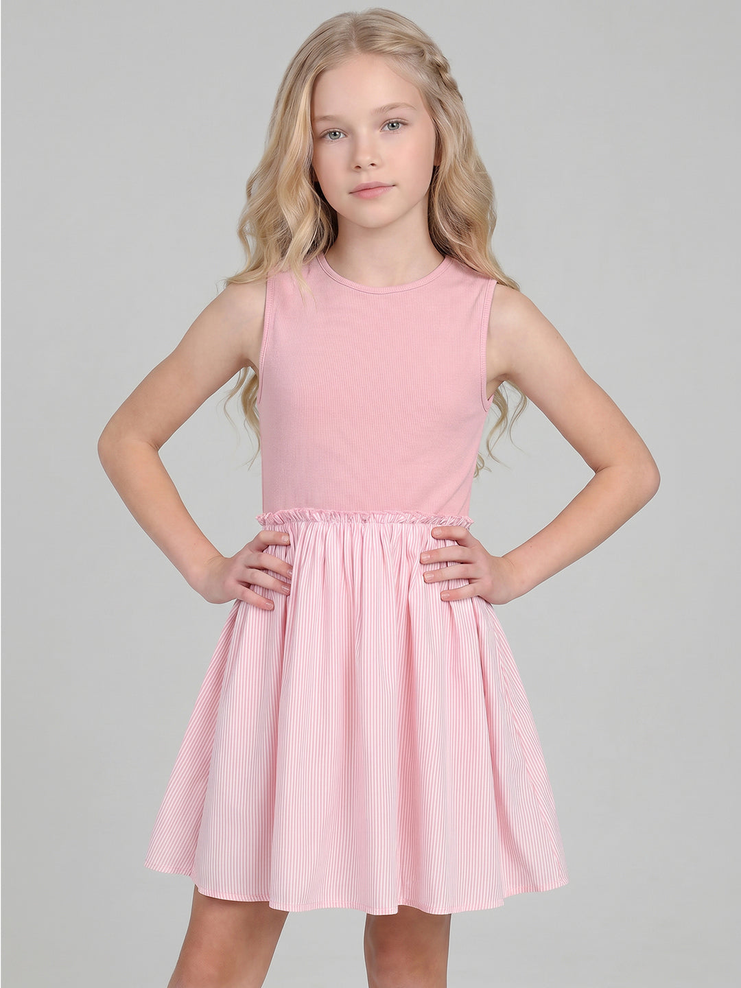 Girls Pink Striped Fit & Flare Dress