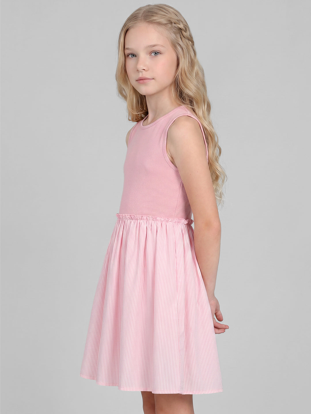 Girls Pink Striped Fit & Flare Dress