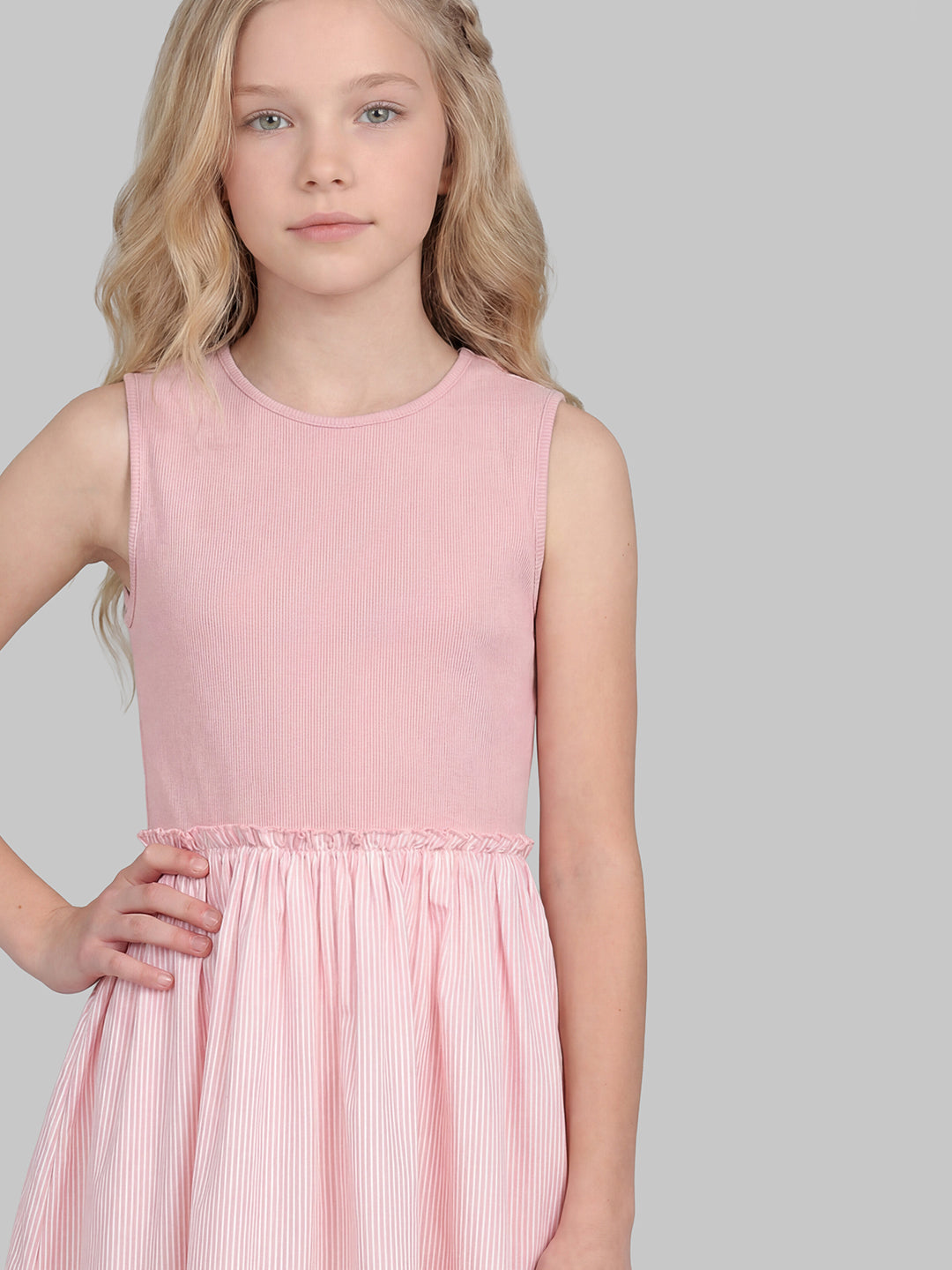 Girls Pink Striped Fit & Flare Dress