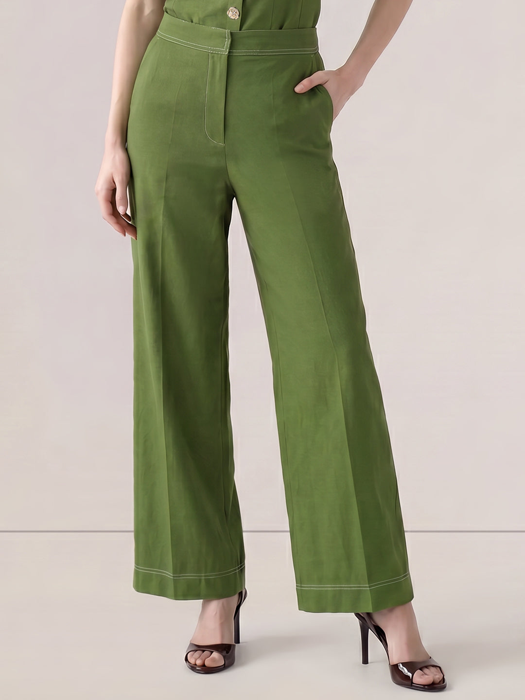 Green High Rise Wide Leg Pants