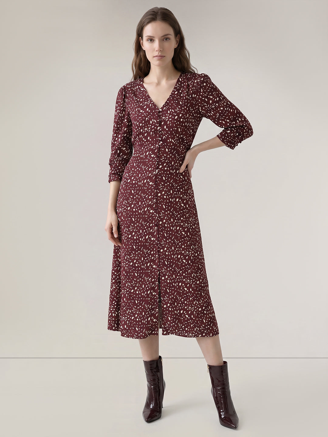 Dark Brown Printed Midi Dress