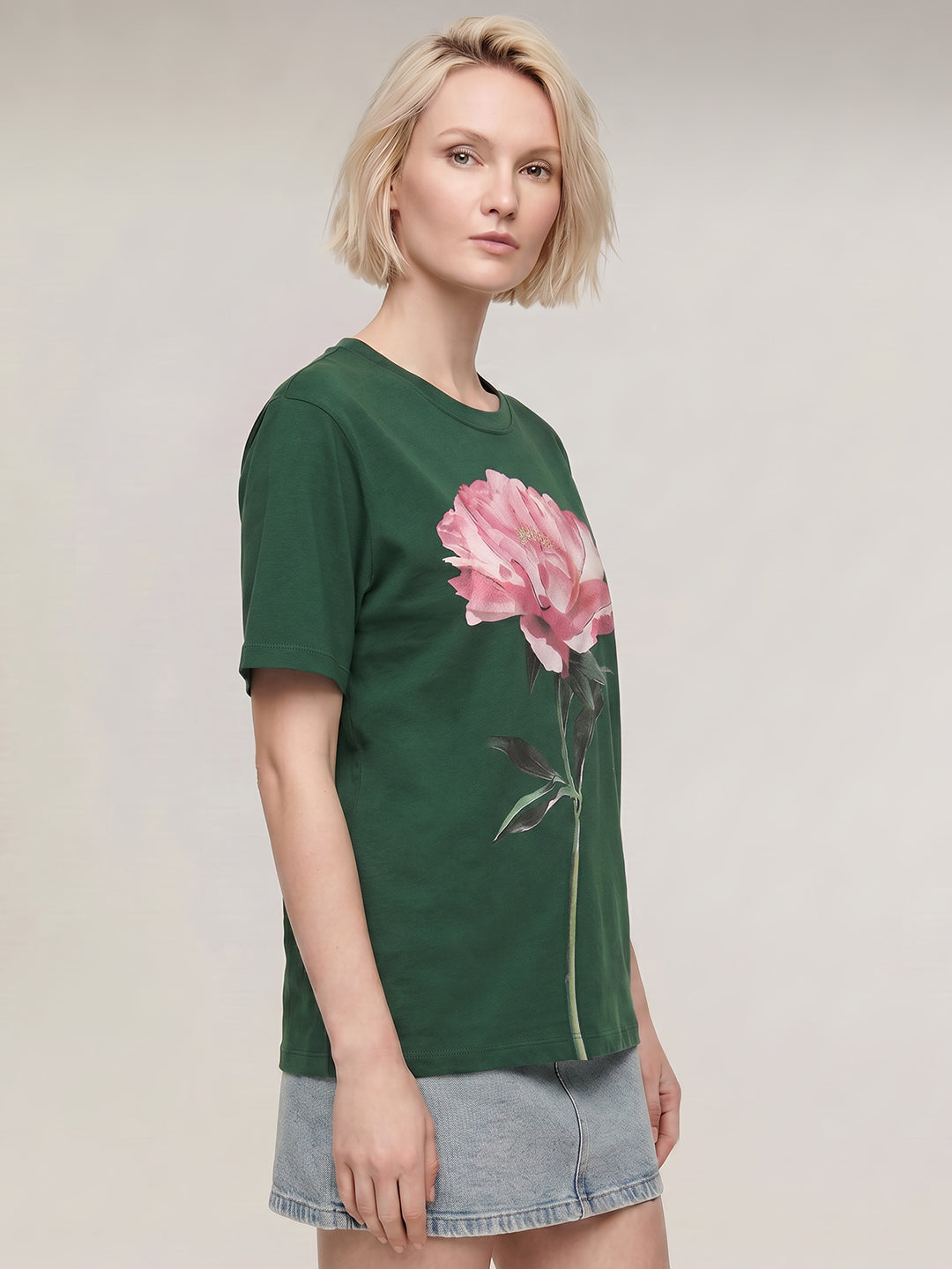 Dark Green Printed Cotton T-shirt