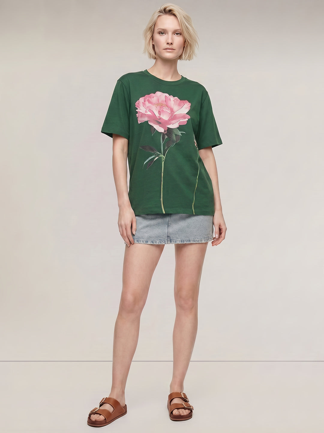 Dark Green Printed Cotton T-shirt