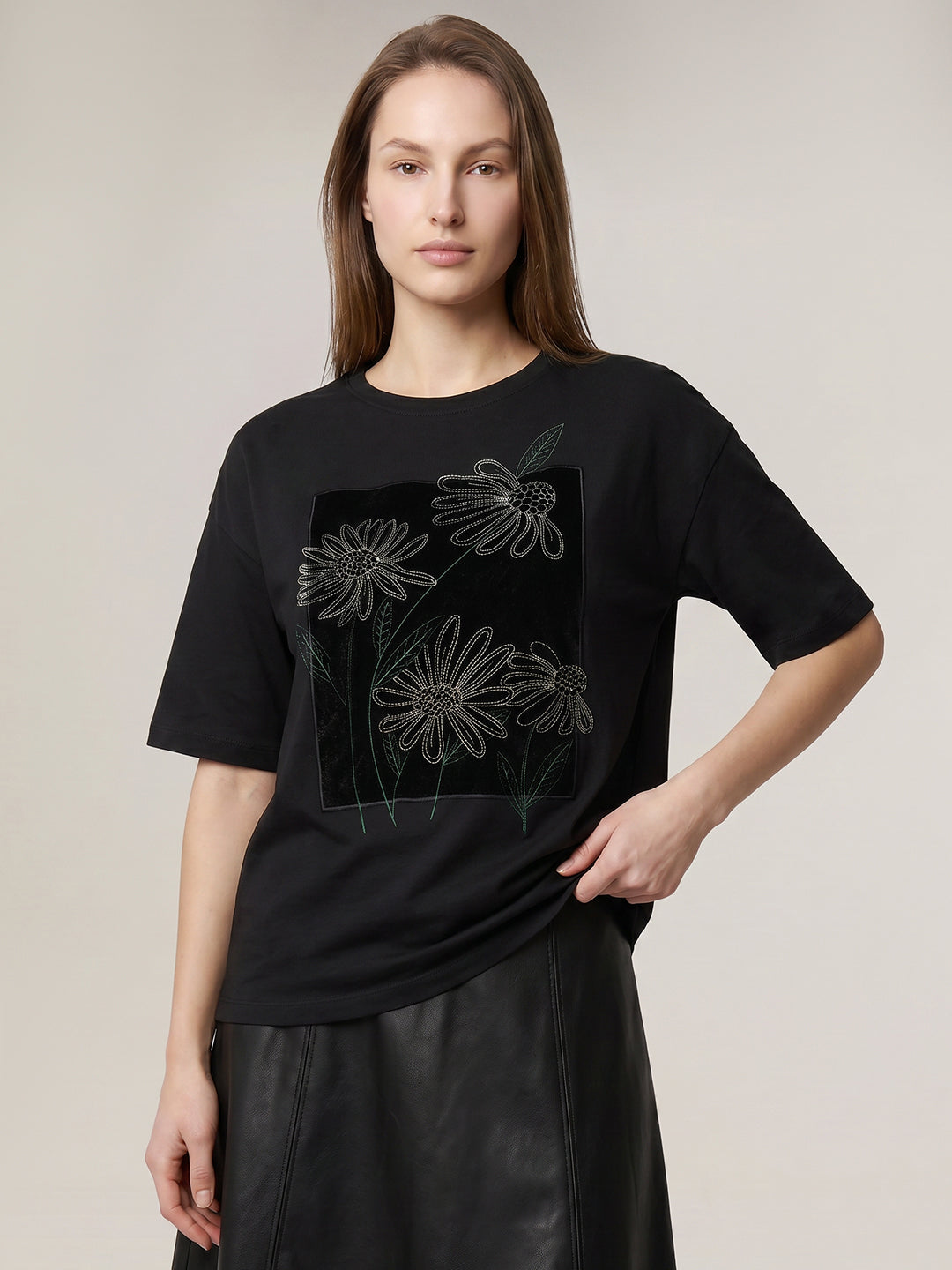 Black Floral Embroidered T-shirt