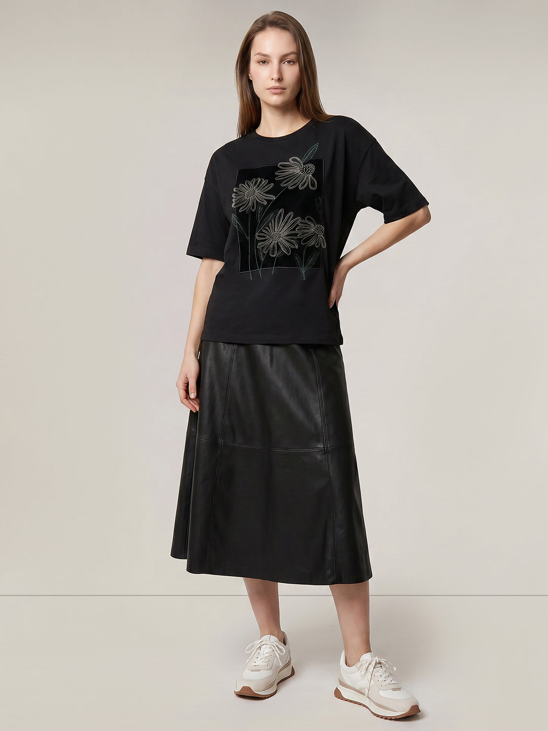 Black Floral Embroidered T-shirt