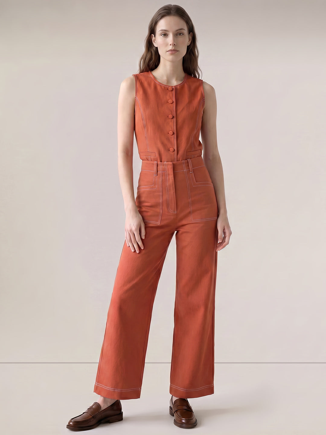 Brown Contrast Stitch Pants