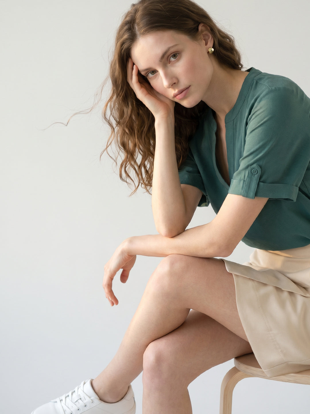 Teal Split V Neck Top
