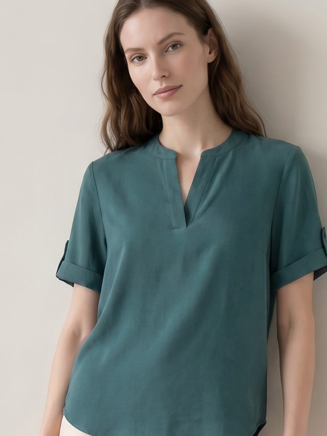 Teal Split V Neck Top