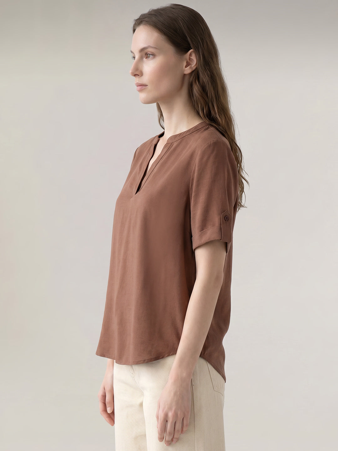Brown Split V Neck Top