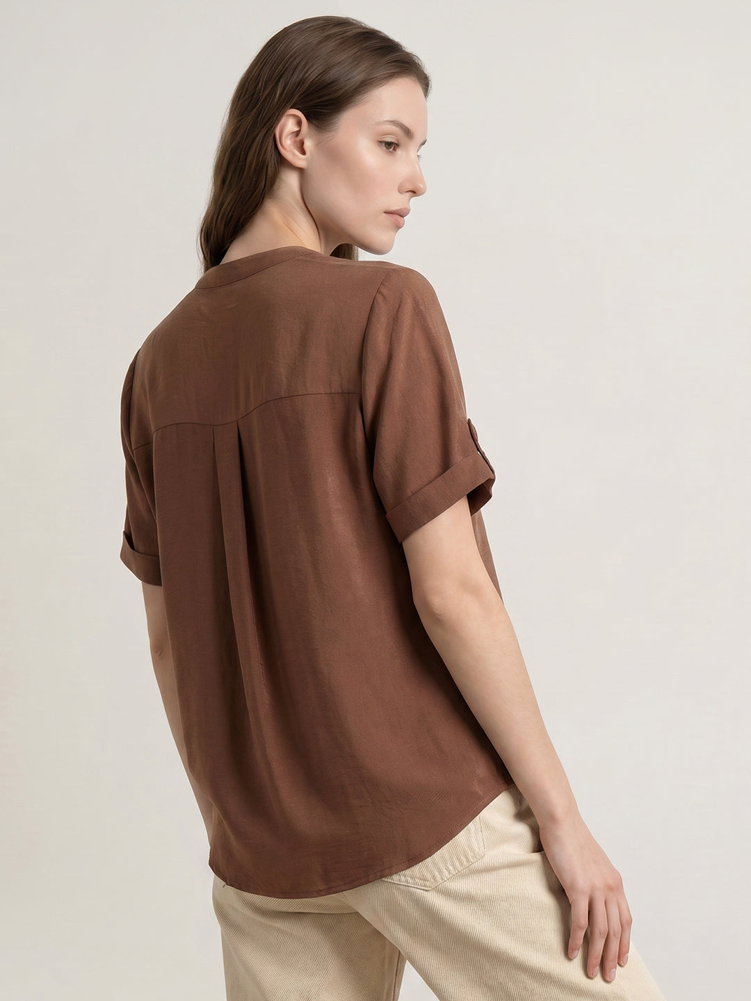Brown Split V Neck Top