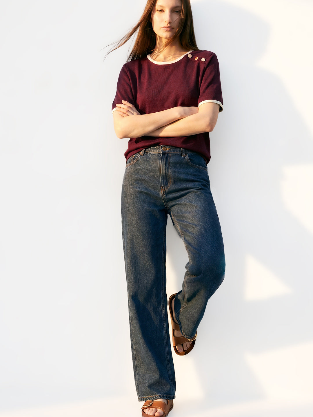 Contrast Trim Cotton Top - Maroon