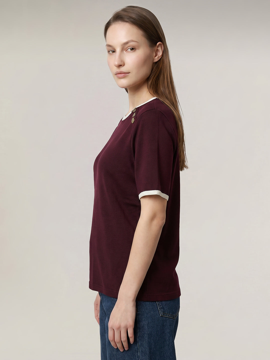 Contrast Trim Cotton Top - Maroon