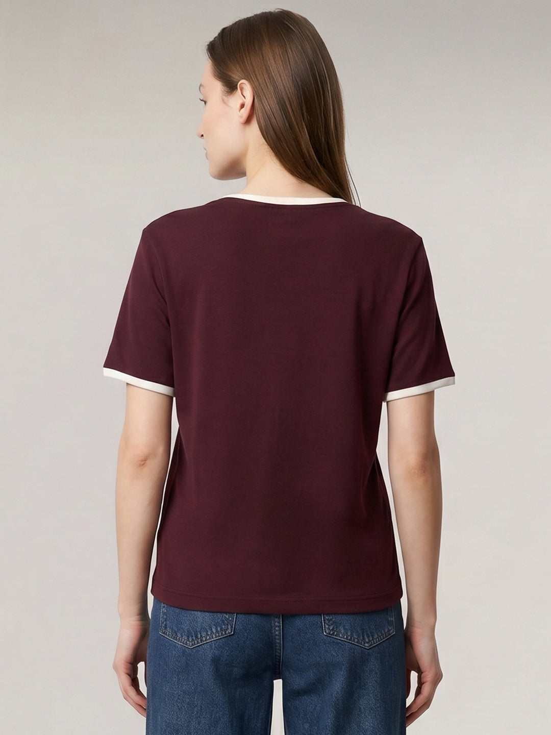 Contrast Trim Cotton Top - Maroon