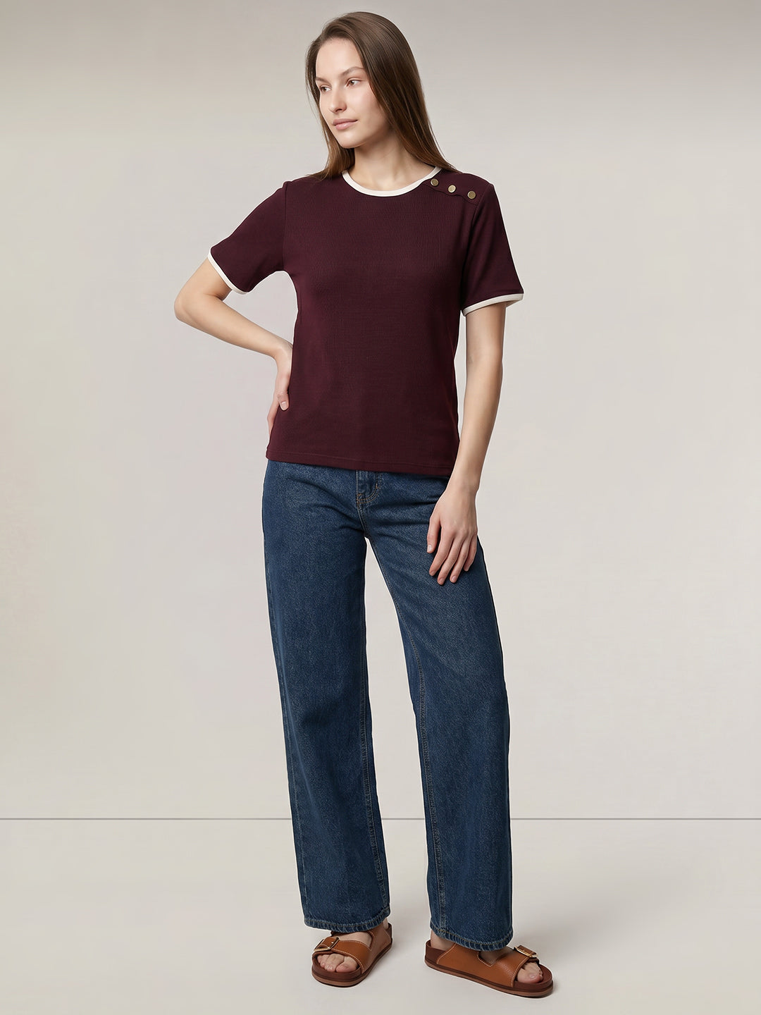 Contrast Trim Cotton Top - Maroon