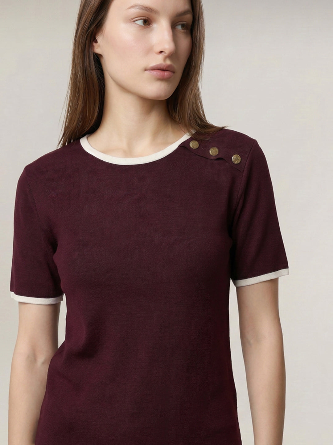 Contrast Trim Cotton Top - Maroon