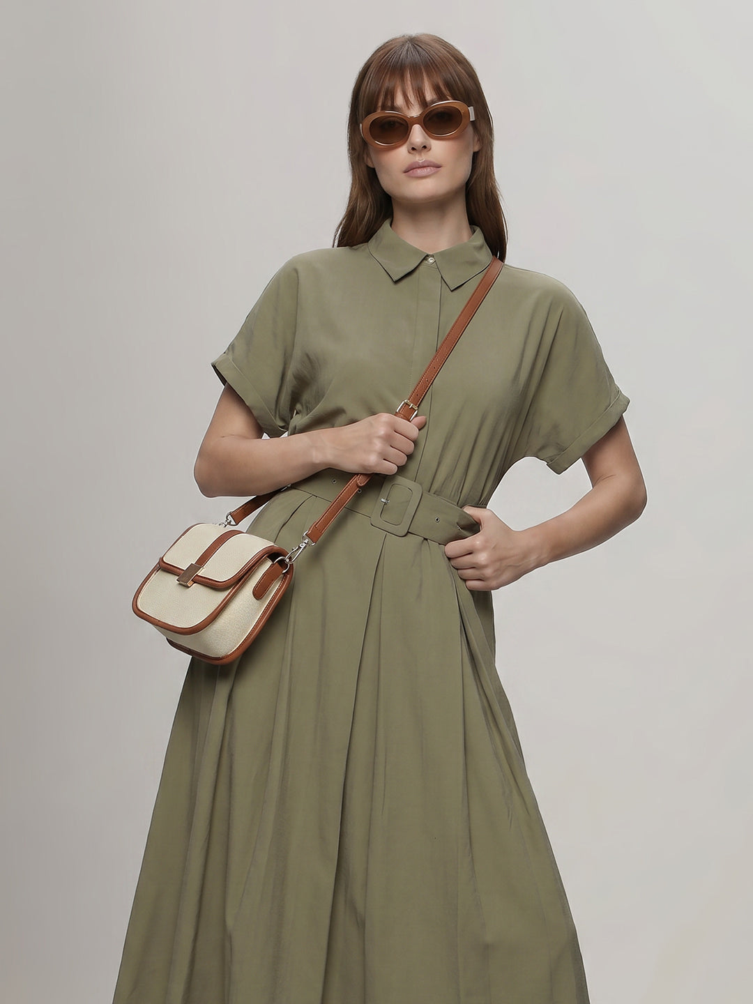Sage Green Belted Shirt Dress