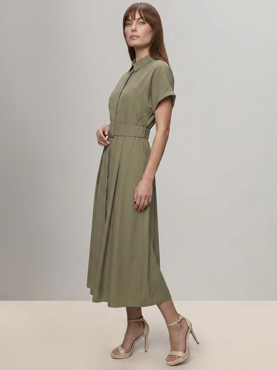 Sage Green Belted Shirt Dress