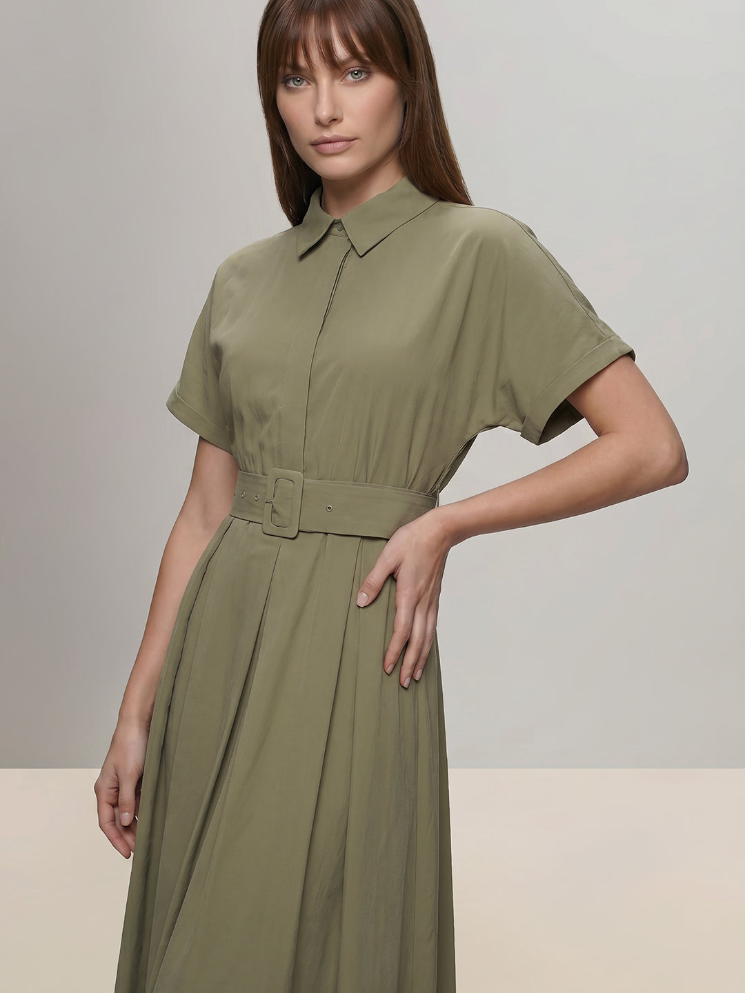 Sage Green Belted Shirt Dress