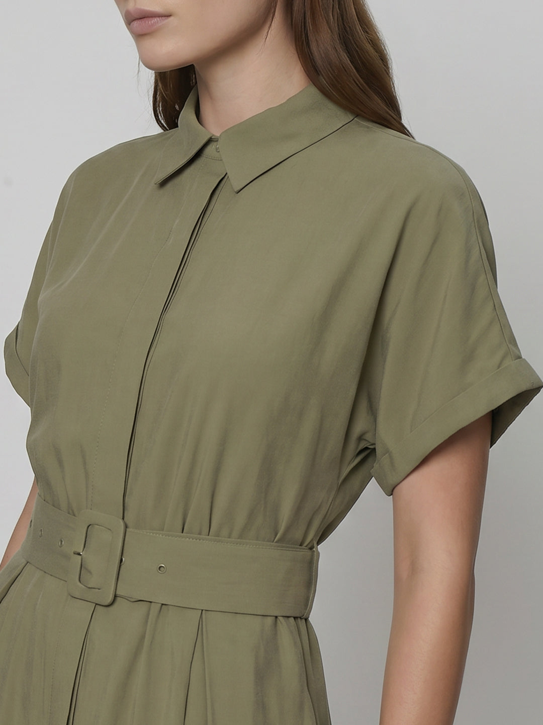 Sage Green Belted Shirt Dress