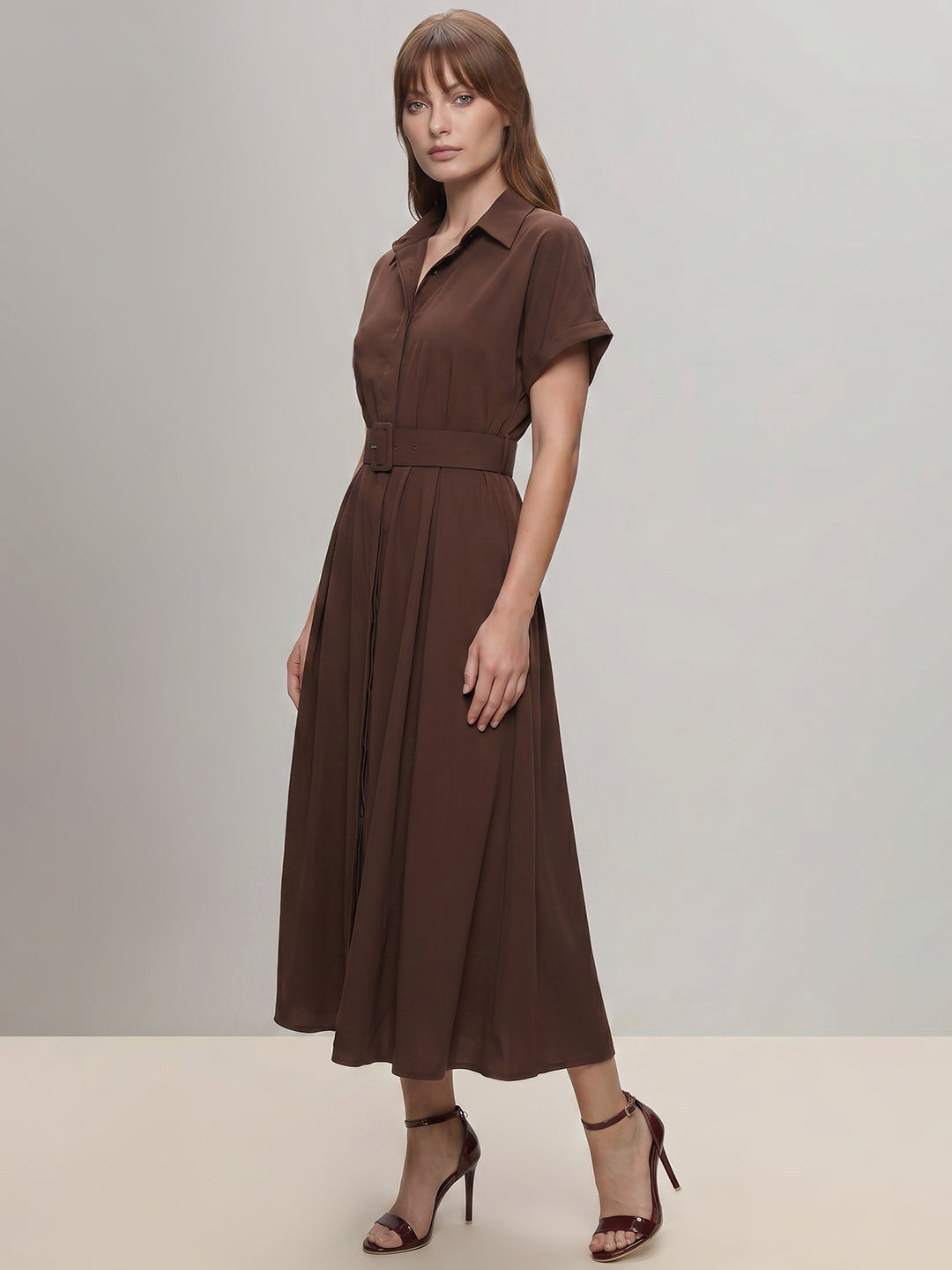 Dark Brown Belted Shirt Dress