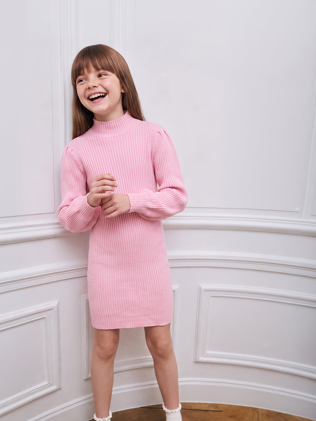 GIRLS Pink High Neck Knitted Dress