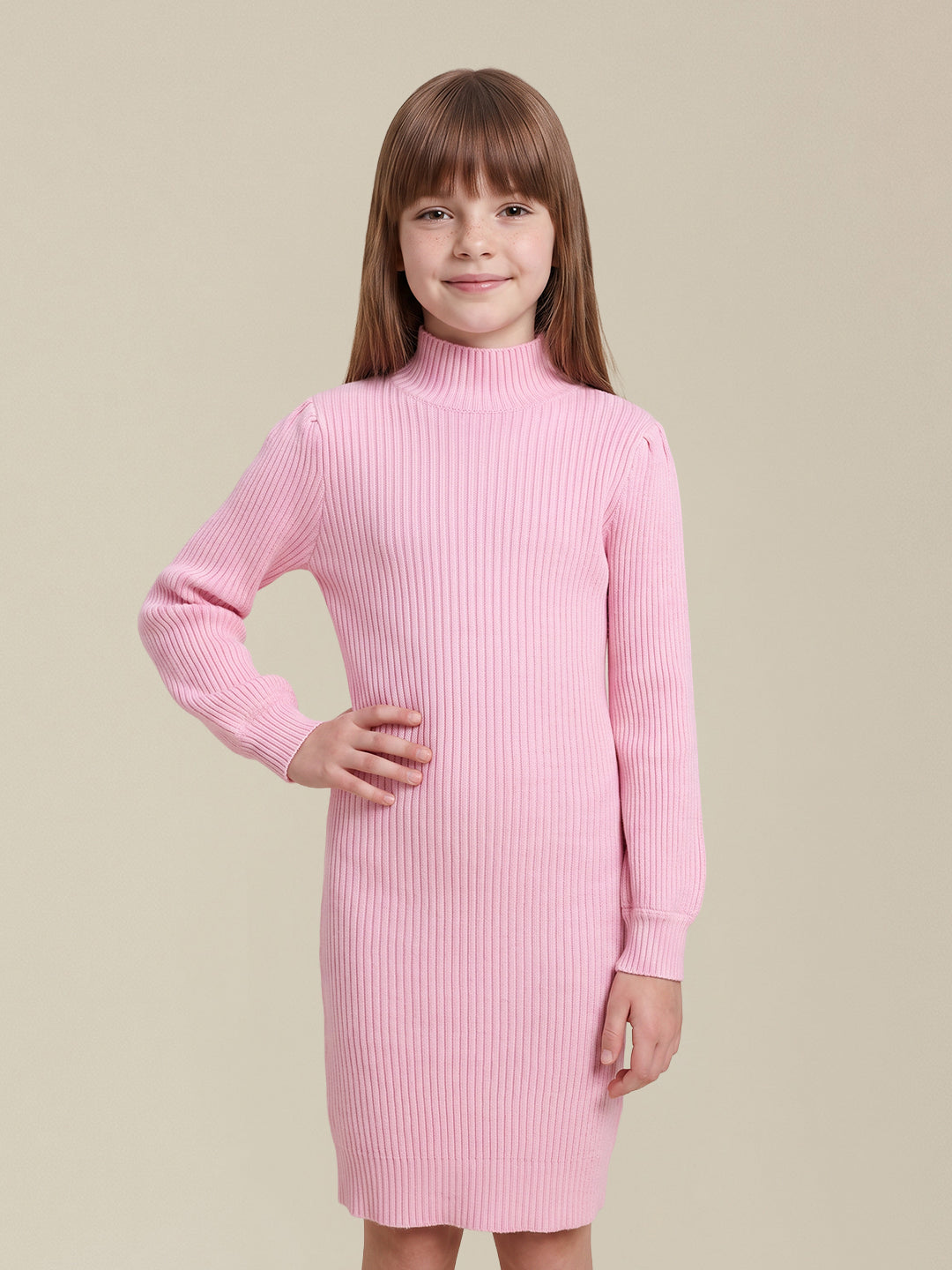 GIRLS Pink High Neck Knitted Dress