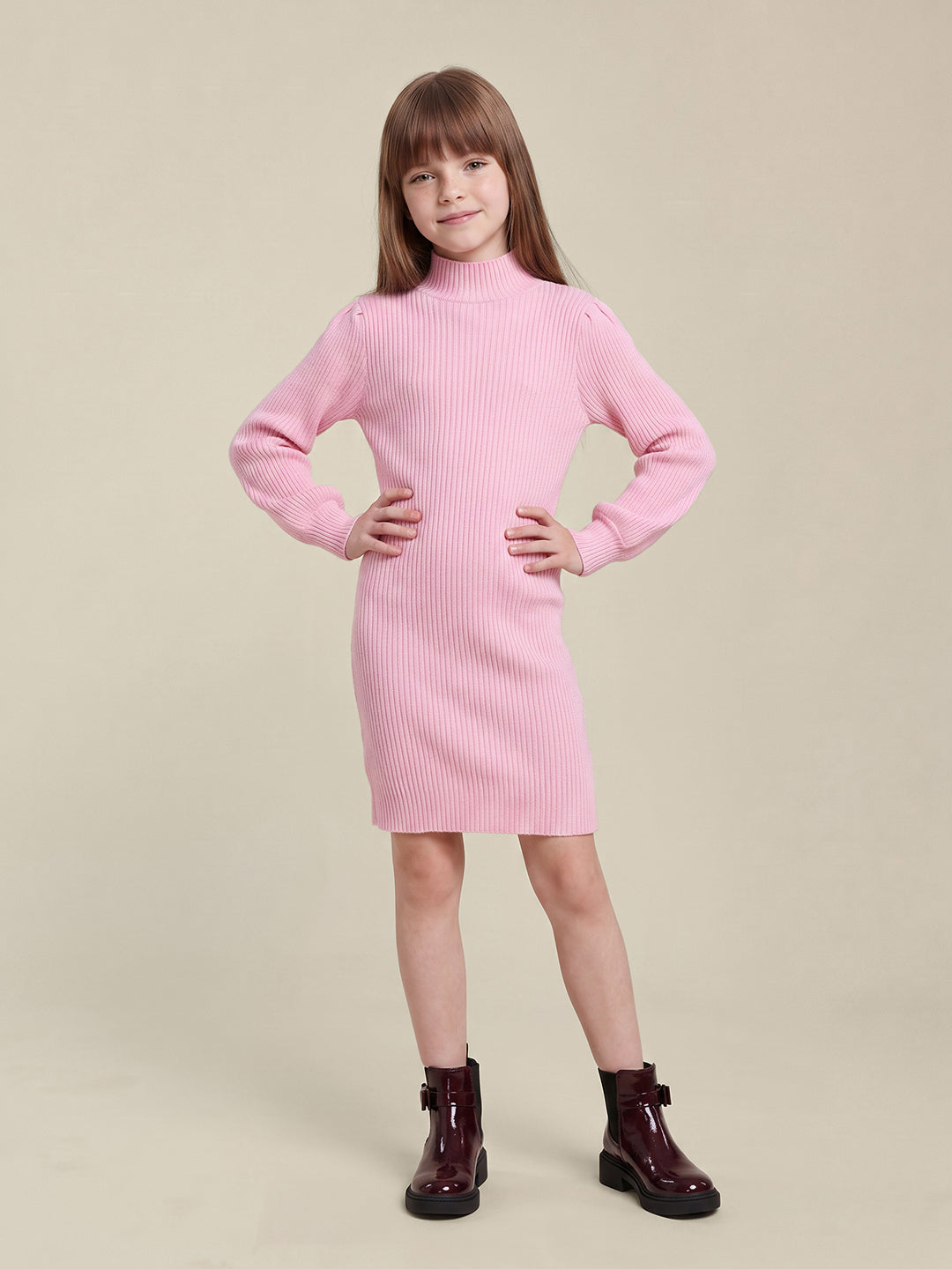 GIRLS Pink High Neck Knitted Dress