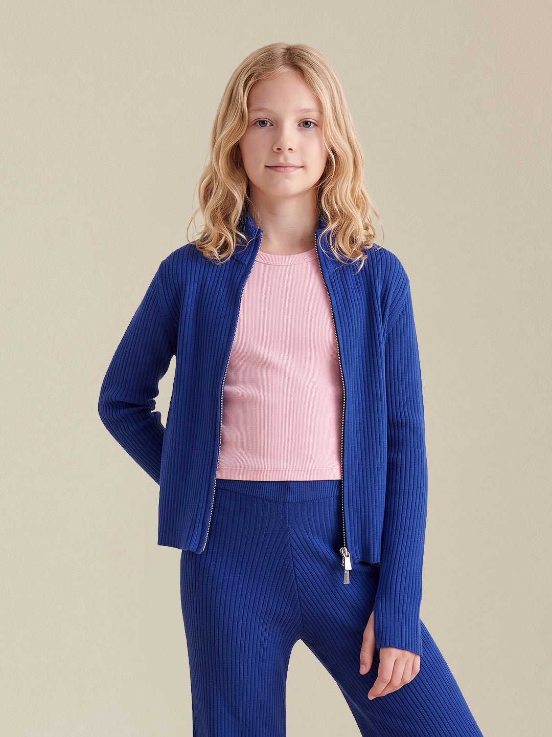 GIRLS Blue High Neck Cardigan
