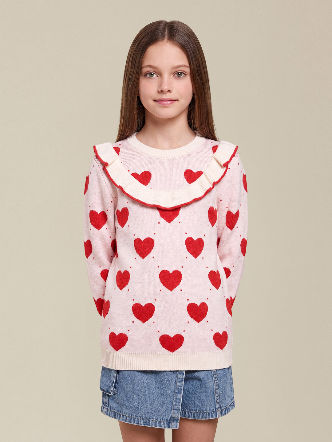 GIRLS Heart Print Ruffle Knit Top