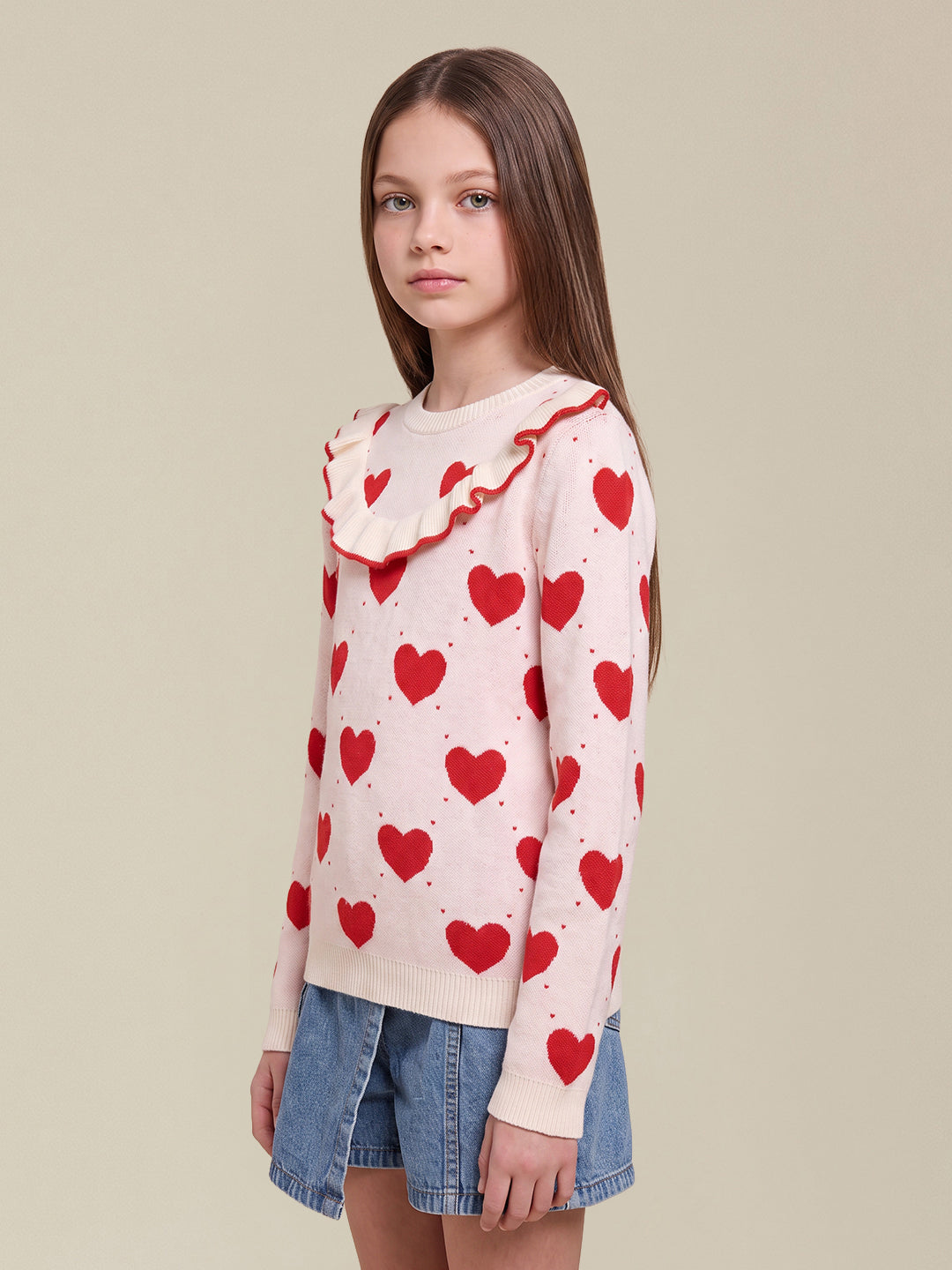 GIRLS Heart Print Ruffle Knit Top